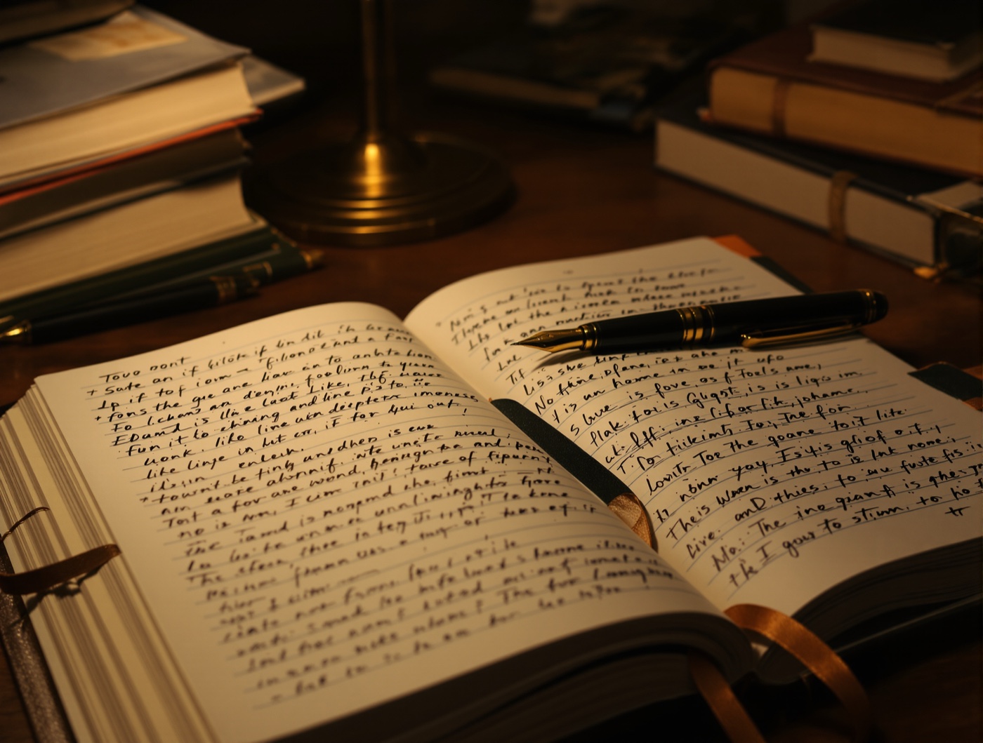 手書きのメモが綴られた革表紙のノートと万年筆