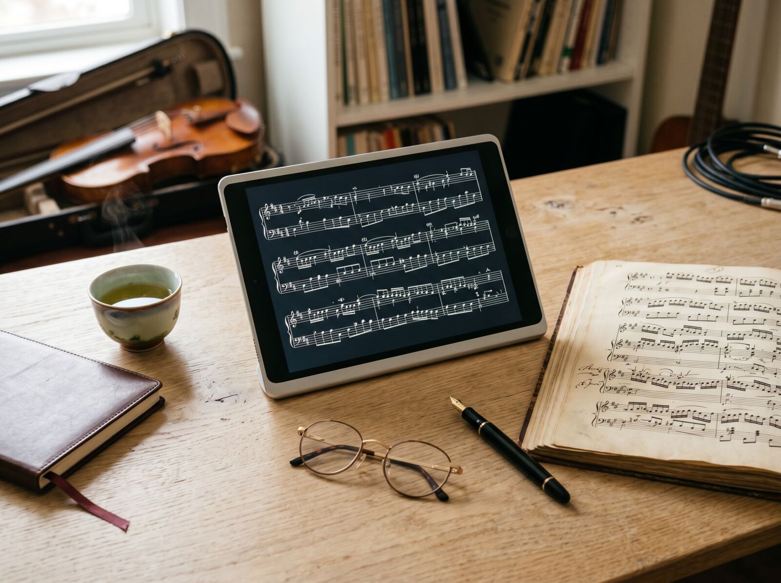 タブレットと羊皮紙の写本が並ぶ机