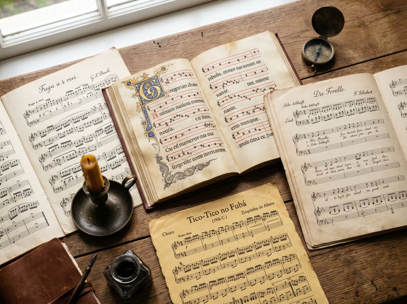 机に並ぶ多様な楽譜 — Bach から Villa-Lobos まで